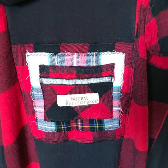 Upcycled Patchwork Hoodie XL/1X: Boho Grunge Black & Red Flannel Sweatshirt - Picture 7 of 10